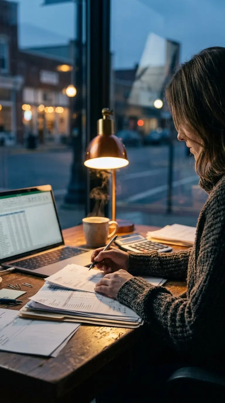 A bookkeeper working at a desk by the window
