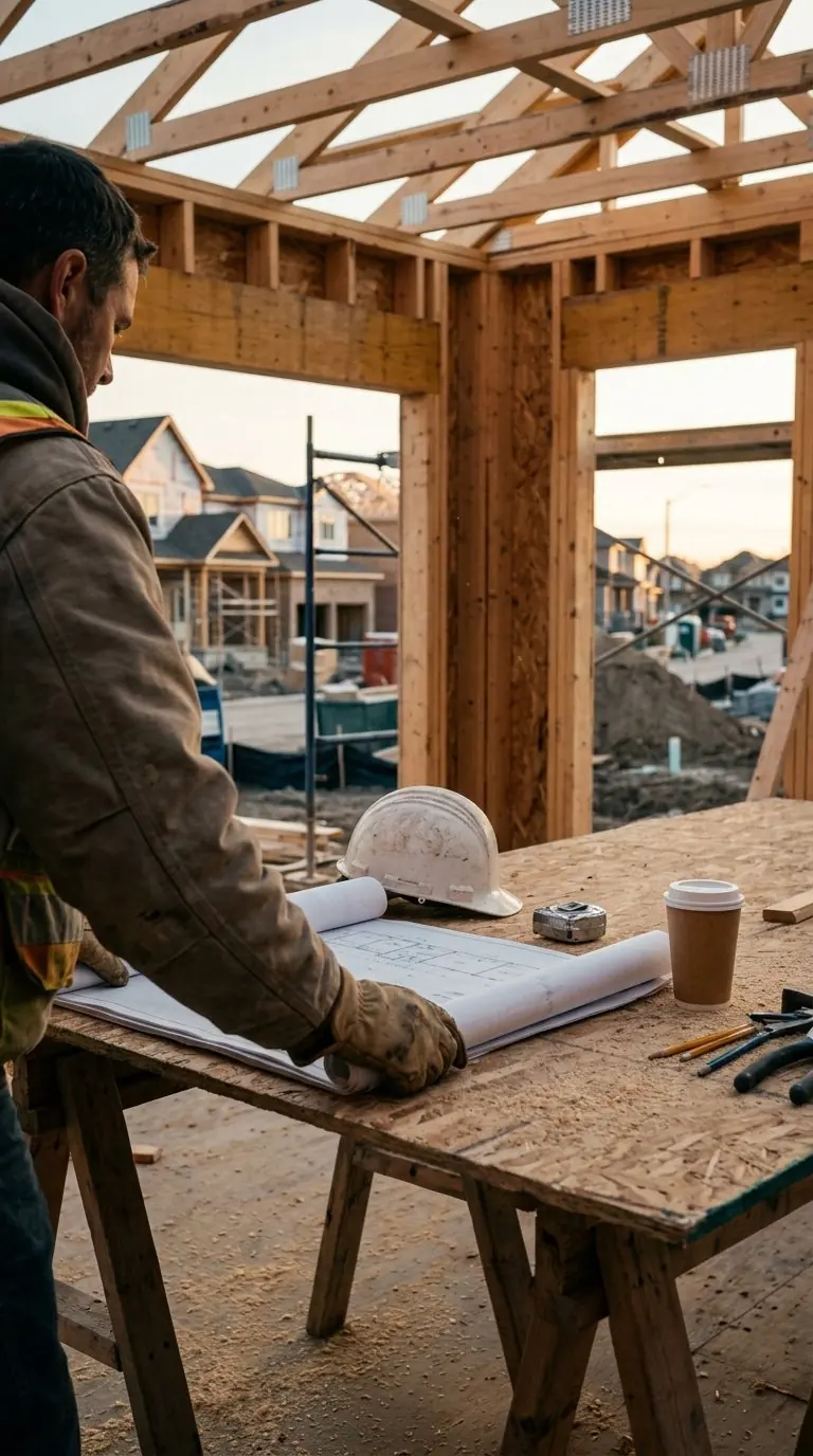 A home builder reviewing plans on a new build site