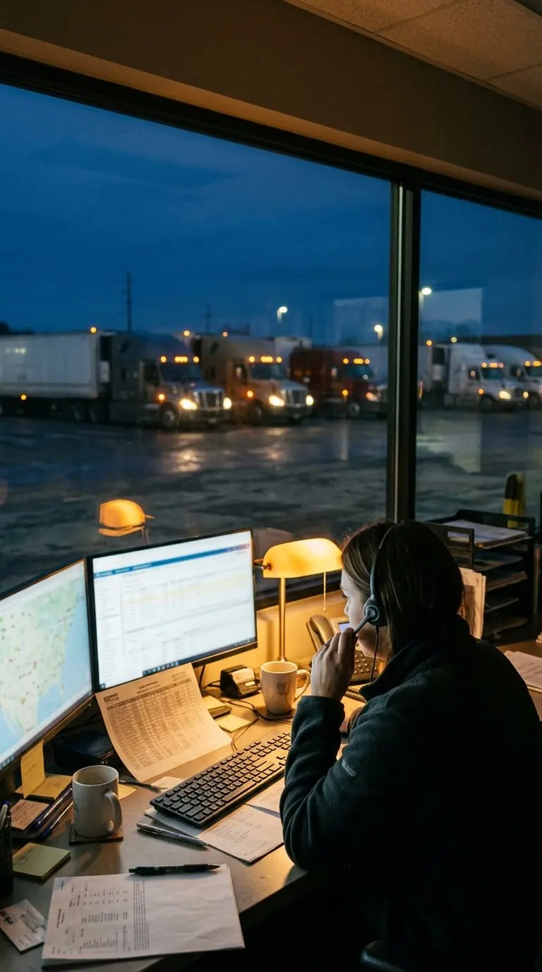 A dispatcher on the phone at a desk overlooking a truck yard