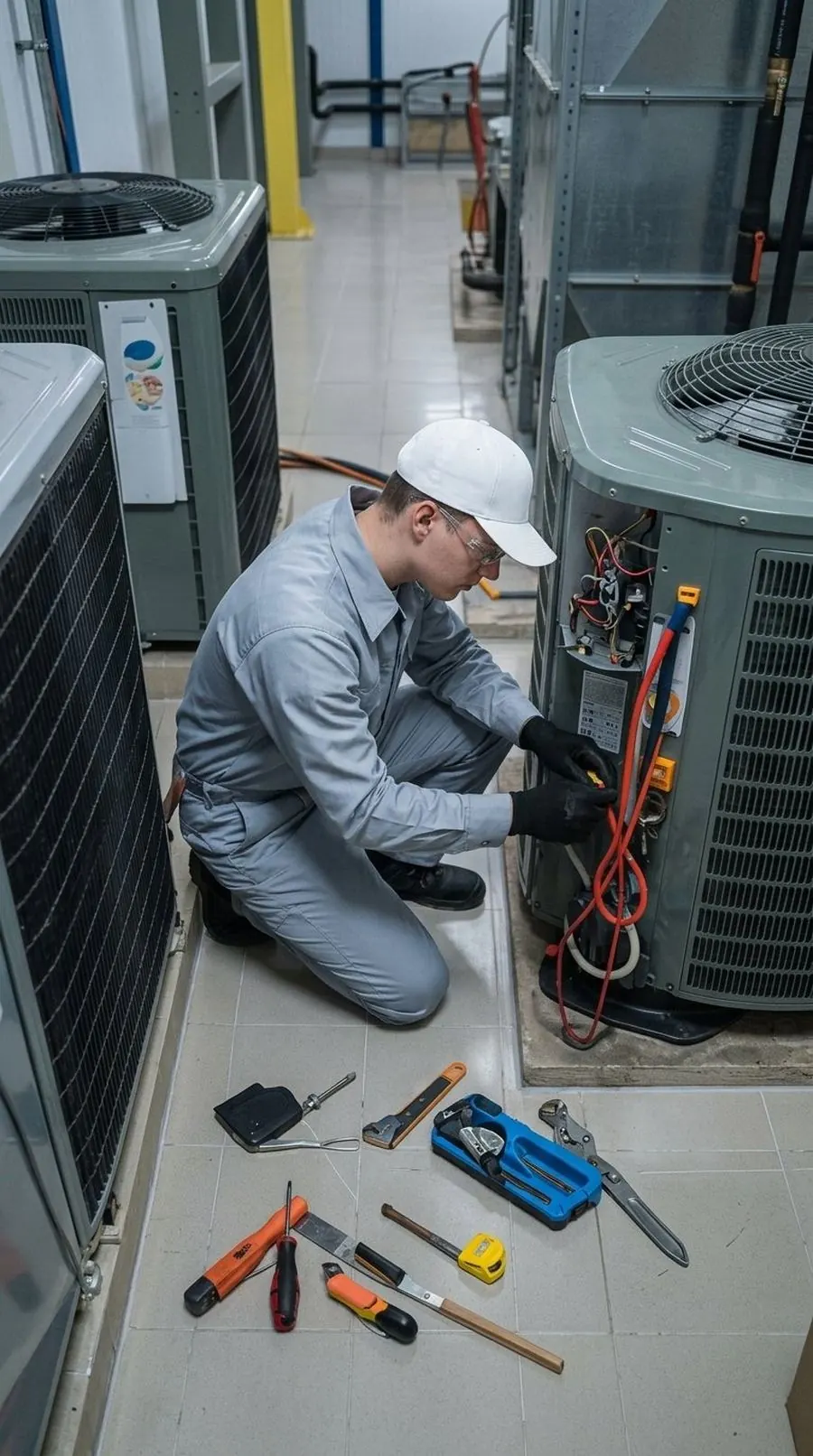 An HVAC technician repairing an outdoor heat pump
