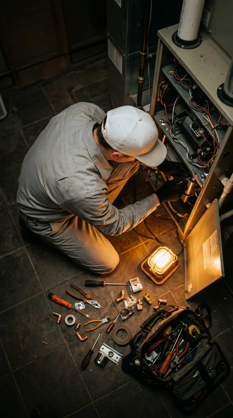 An HVAC technician repairing a furnace