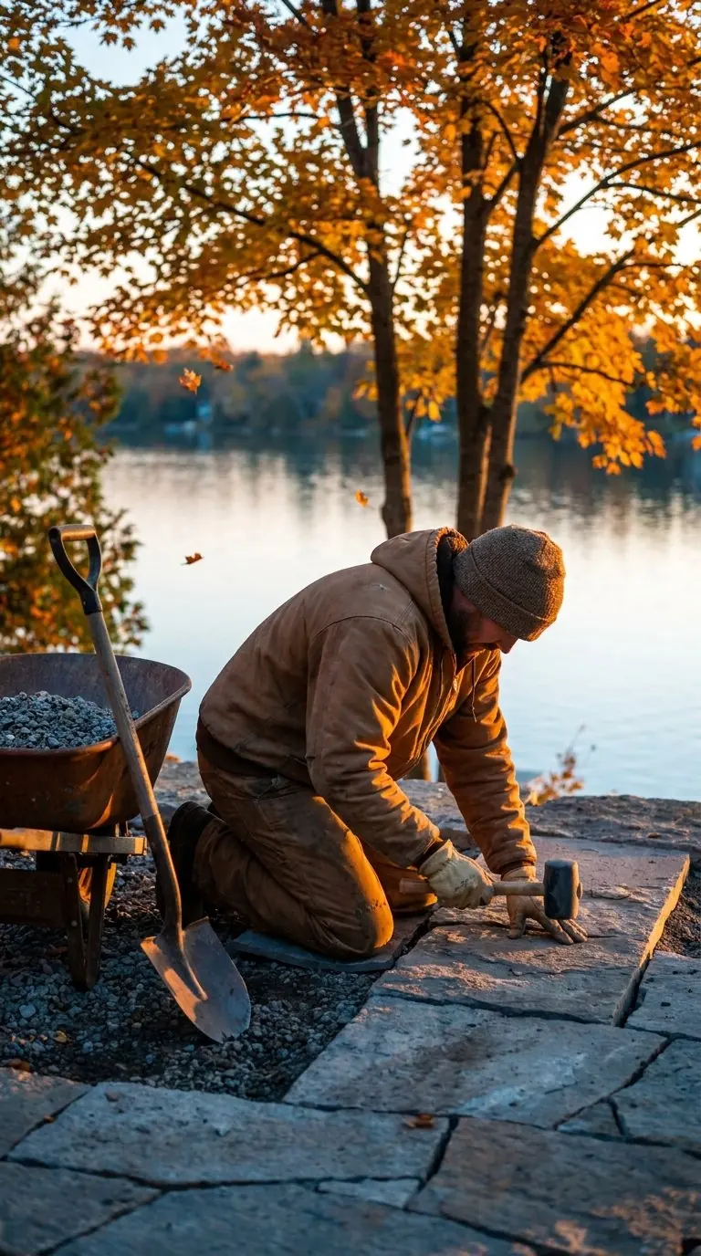 A landscaper laying stone by the lake in fall