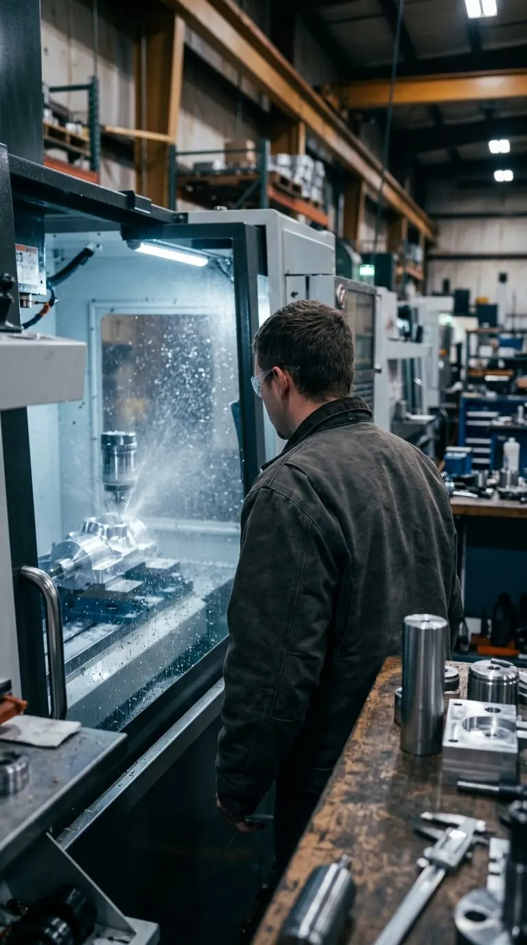 A machinist running a CNC machine on a shop floor
