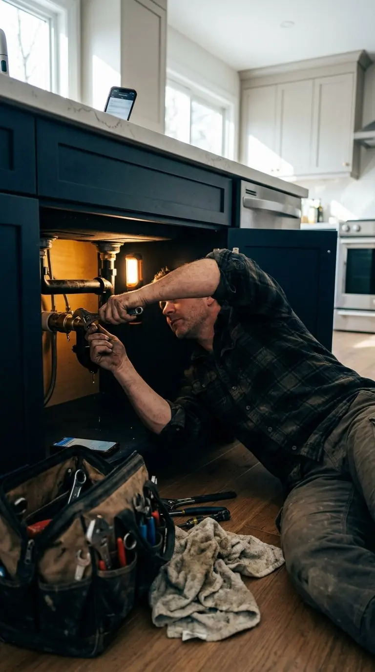 A plumber working under a kitchen sink