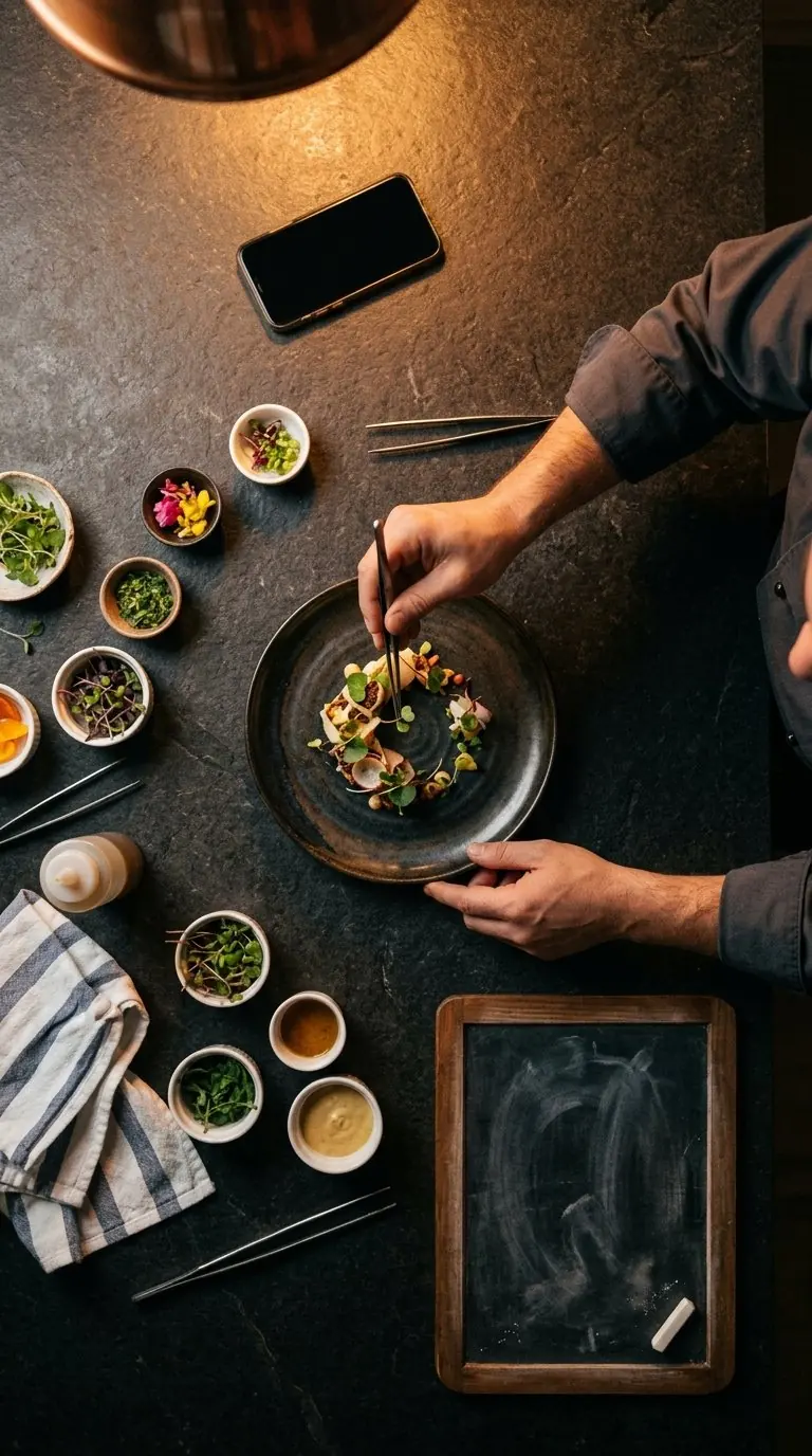 A chef plating a dish in a restaurant kitchen