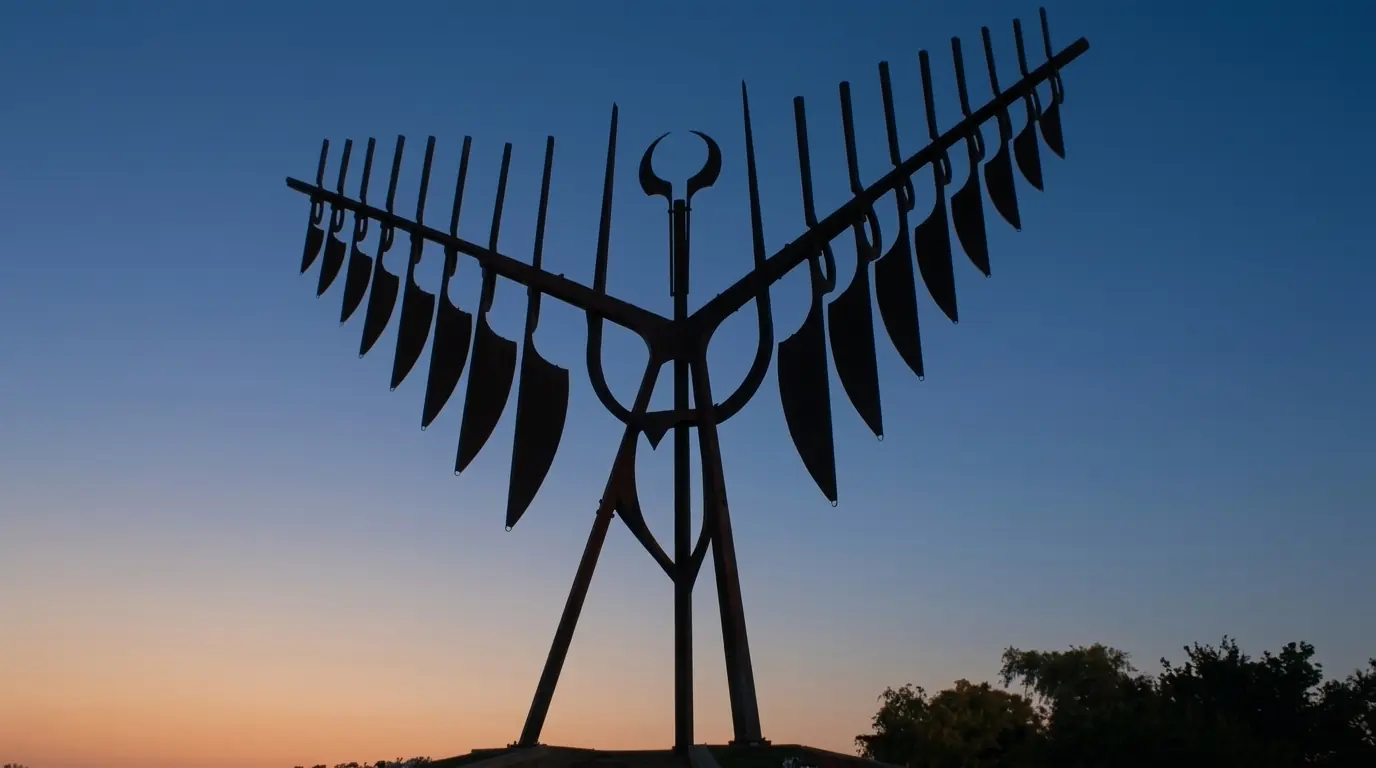 The Spirit Catcher sculpture on the Barrie waterfront at sunset