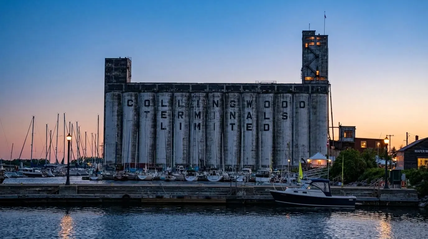 The Collingwood Terminals grain elevator at dusk, sailboats in the harbour