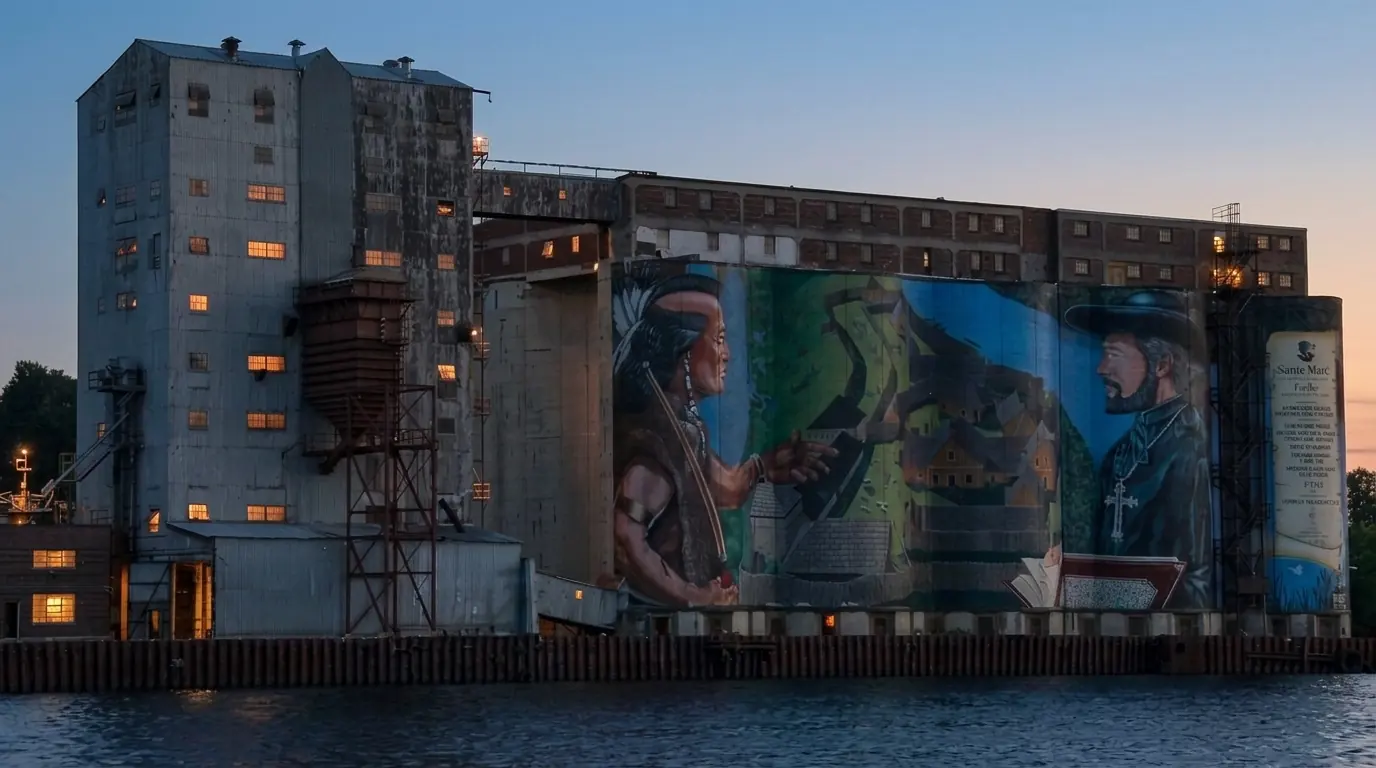 The giant mural on the grain silos at Midland harbour at dusk
