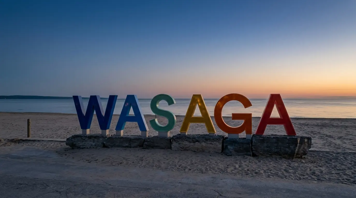 The colourful WASAGA letters on the beach, Georgian Bay behind